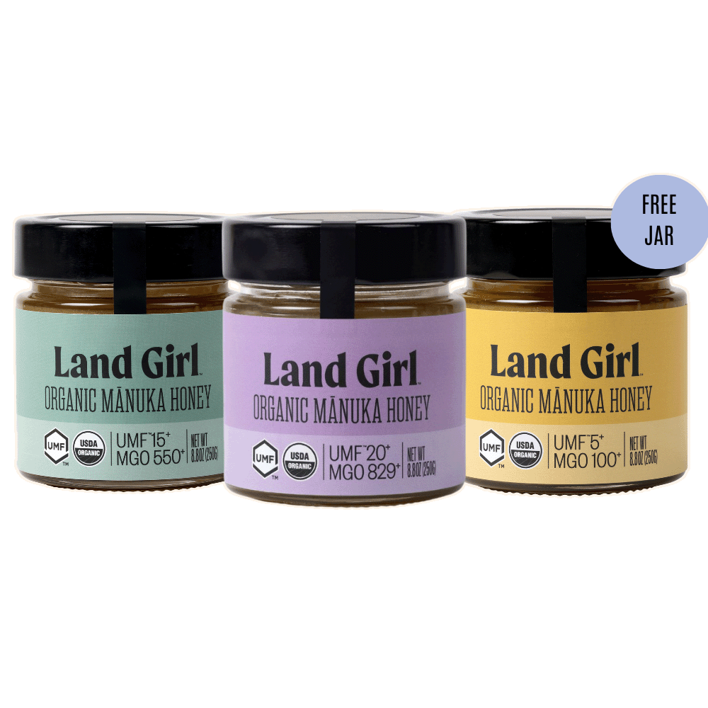 Three jars of Land Girl Organic Manuka Honey: UMF5+, UMF15+ and UMF20+