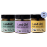 Three jars of Land Girl Organic Manuka Honey: UMF5+, UMF15+ and UMF20+
